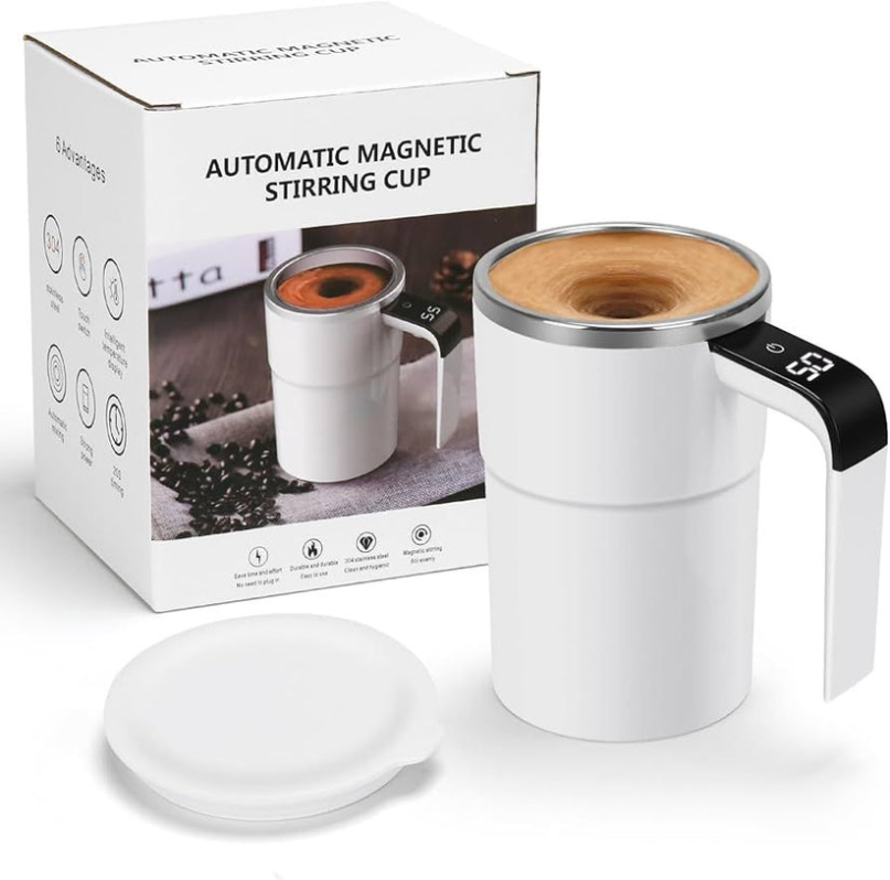 Self stirring WHITE Mug. Auto Magnetic Coffee Mug with LED Display Temperature. Rechargeable Automatic Stirring  cup.12oz self Mixing cup with Lid To Stir Coffee Mixed Milk  at DeskUse