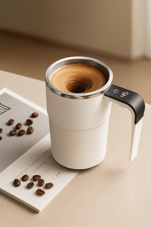 Self stirring WHITE Mug. Auto Magnetic Coffee Mug with LED Display Temperature. Rechargeable Automatic Stirring  cup.12oz self Mixing cup with Lid To Stir Coffee Mixed Milk  at DeskUse