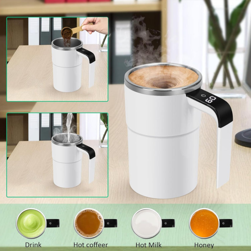 Self stirring WHITE Mug. Auto Magnetic Coffee Mug with LED Display Temperature. Rechargeable Automatic Stirring  cup.12oz self Mixing cup with Lid To Stir Coffee Mixed Milk  at DeskUse