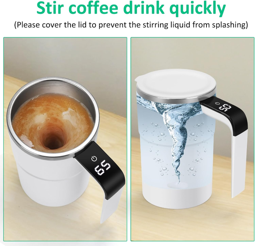 Self stirring WHITE Mug. Auto Magnetic Coffee Mug with LED Display Temperature. Rechargeable Automatic Stirring  cup.12oz self Mixing cup with Lid To Stir Coffee Mixed Milk  at DeskUse