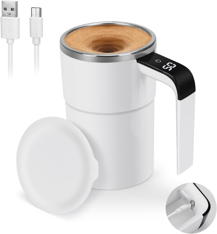 Self stirring WHITE Mug. Auto Magnetic Coffee Mug with LED Display Temperature. Rechargeable Automatic Stirring  cup.12oz self Mixing cup with Lid To Stir Coffee Mixed Milk  at DeskUse